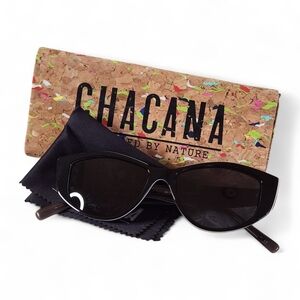 CHACANA Black Cat Eye Sunglasses Slim Y2K Style With Cork Case